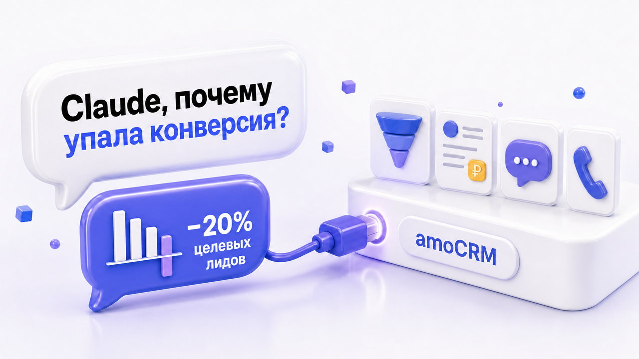 Вопрос в чате «Claude, почему упала конверсия?» и ответ «−20% целевых лидов»: чат подключён к amoCRM