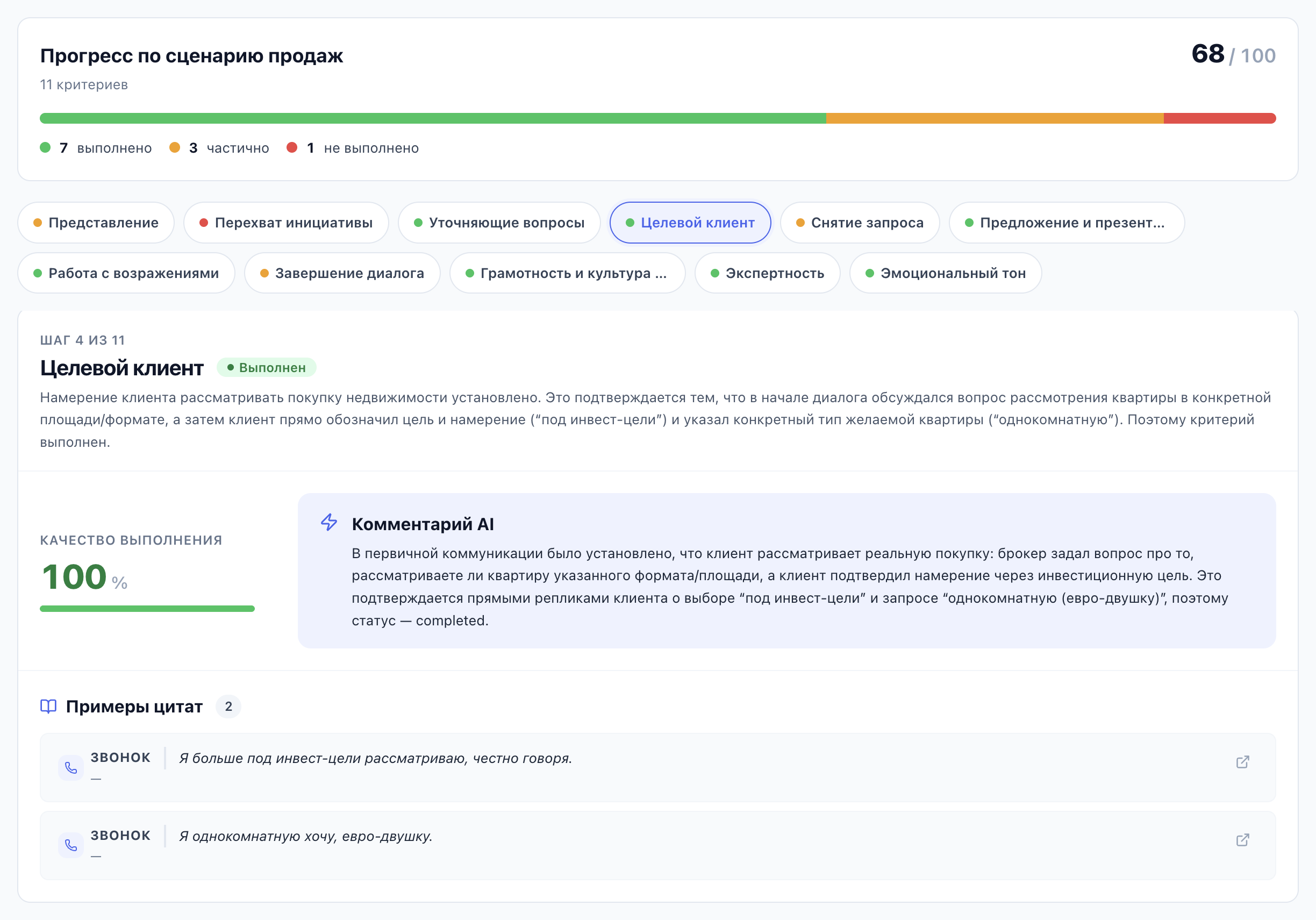 Разбор сделки по методологии продаж: прогресс по критериям и раскрытый критерий с цитатами из диалогов